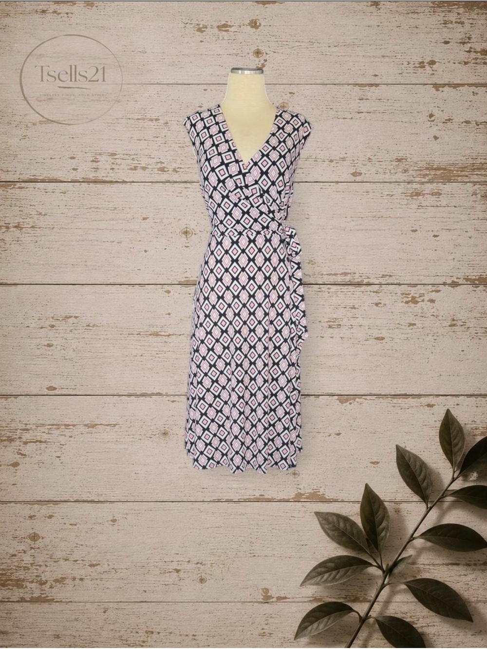 Studio One New York Navy, Pink, & White Geometric Print Wrap Midi Dress